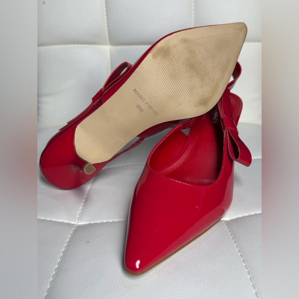 Red Patent Slingback Pointed-Toe Heels with Bow Accent - Picture 6 of 14